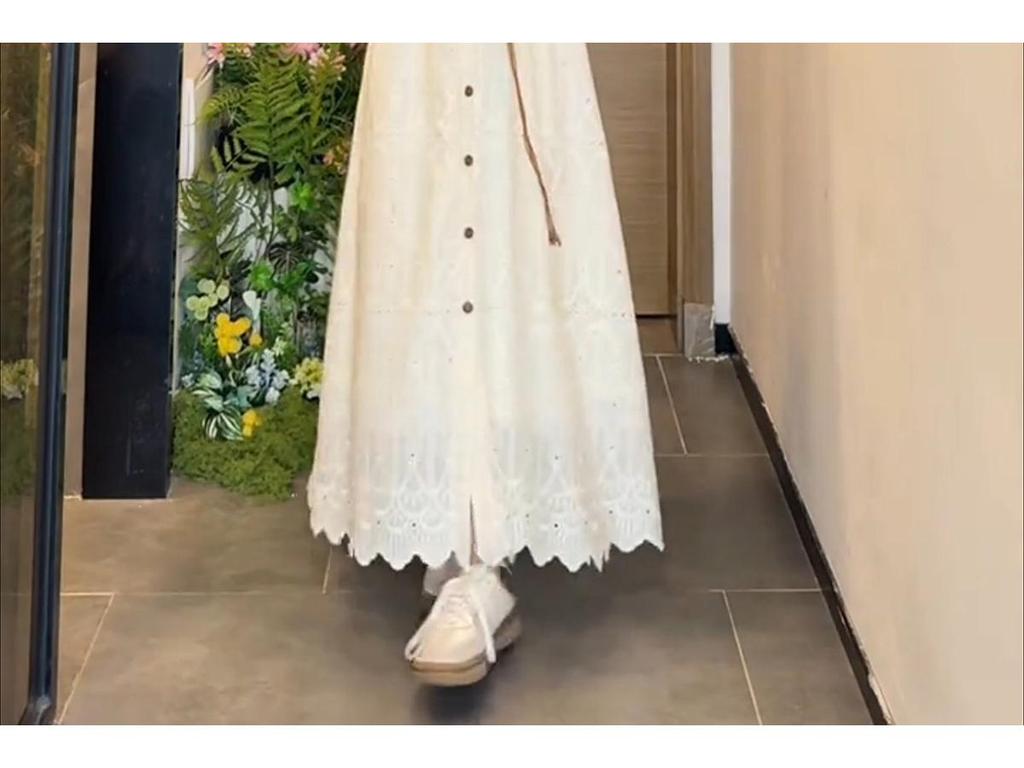 Women's French Hollow V-Neck Short-Sleeve Spring Dress Set - Elegant Waist-Cinching, Slimming, Long Skirt for Dates 2026.