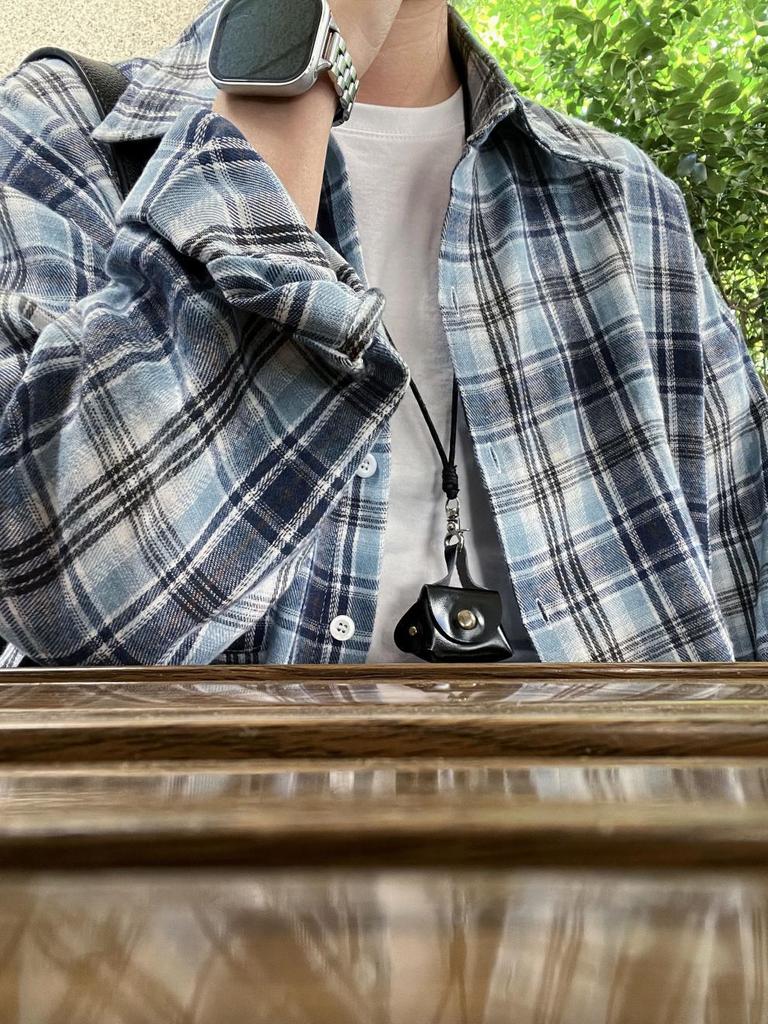 Man Jiang Yue Women's Retro Blue Plaid Shirt - Early Spring Chic Design, Casual Brushed Cardigan Jacket