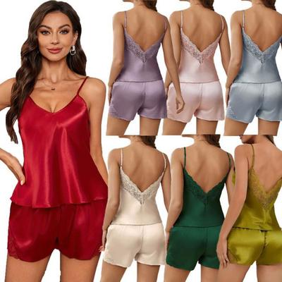 2026 Neues Damen-Imitatseiden-Spitzen-Camisole & Shorts Pyjama-Set