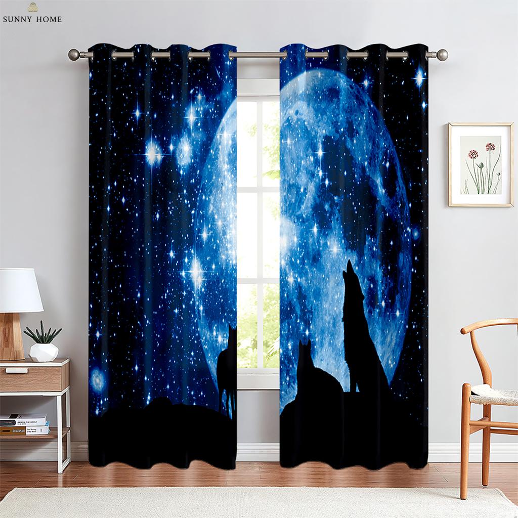 Tier Stern Wolf 3D Gedruckter Vorhang Fensterstangentasche Dekorativer Vorhang Küche Wohnzimmer Schlafzimmer Vorhang 2 Stück