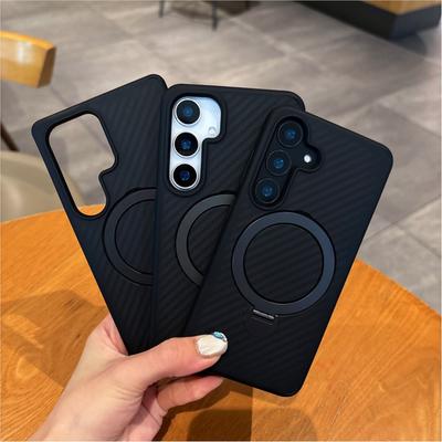 Carbon Fibre Pattern Magnetic Phone Case For Samsung Galaxy S25 S24 Plus Ultra High-Quality Frosted Cover With Ring Holder Stand