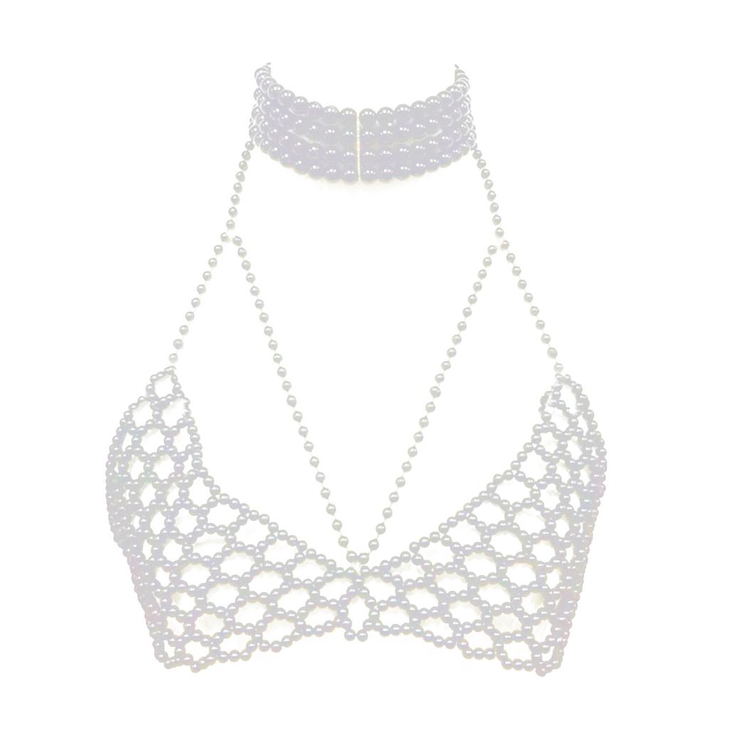 Elegant Pearls Bra Body Jewelry Chain Adjustable Chest Bead Decoration Portable for Women Beach Fashion Accessory