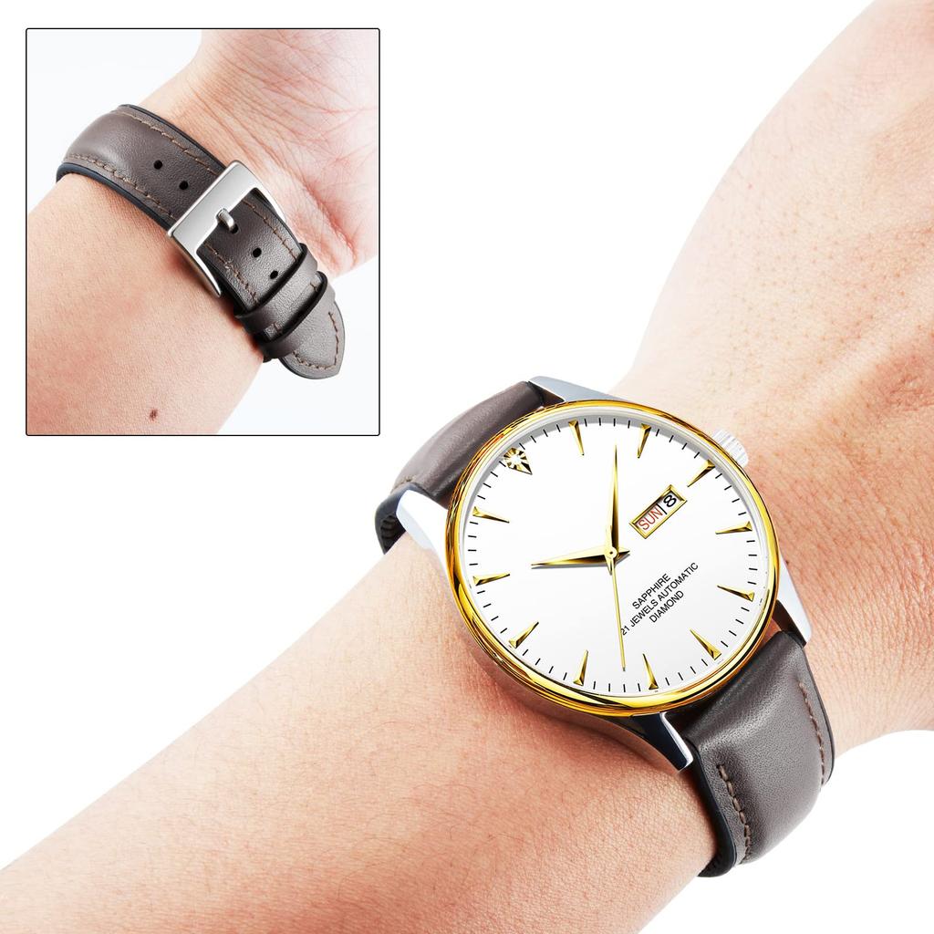 Leather Watch Band with Inner Rubber Breathable Hybrid Quick Release Watch Strap Wristwatch Strap Smartwatch Strap Unisex Silver [BINLUN] (Brown,