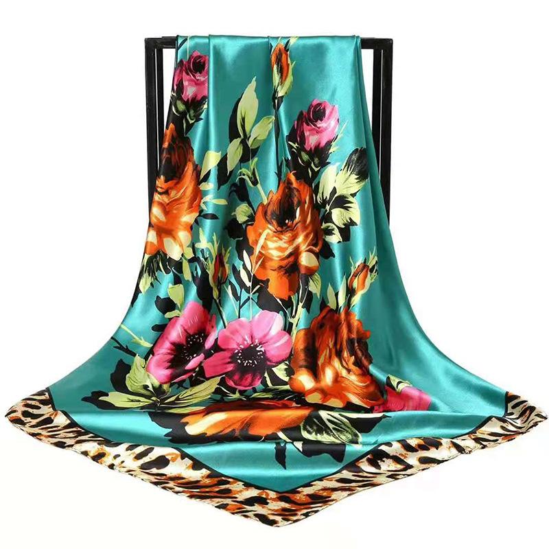 90*90Cm Leopard Pattern Flower Silk Scarf For Women Imitation Silk Floral Print Square Scarfs And Versatile Headscarf Scarf