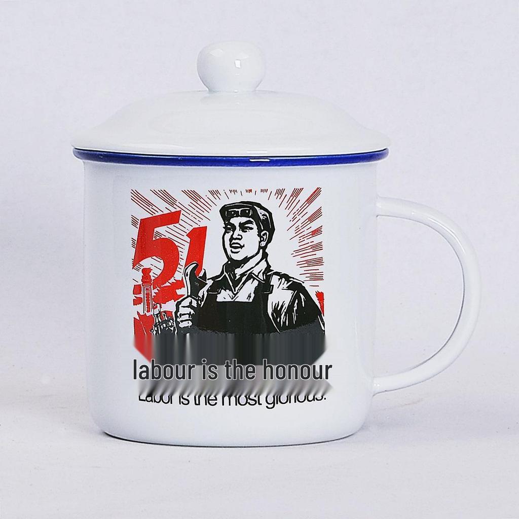 Retro Ceramic Mug with Lid: Nostalgic Imitation Enamel Design, Creative Office Tea Cup.