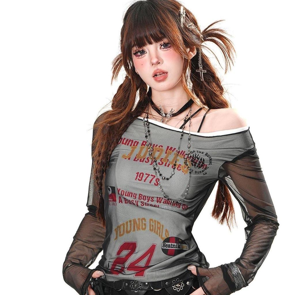 T-shirt Y2K da ragazza Retron Street Wear Manica Lunga Magliette con Scavature Per T-shirt da Donna