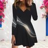 Women Plus Size V Neck Long Sleeve Rainbow Printed A Line Dress