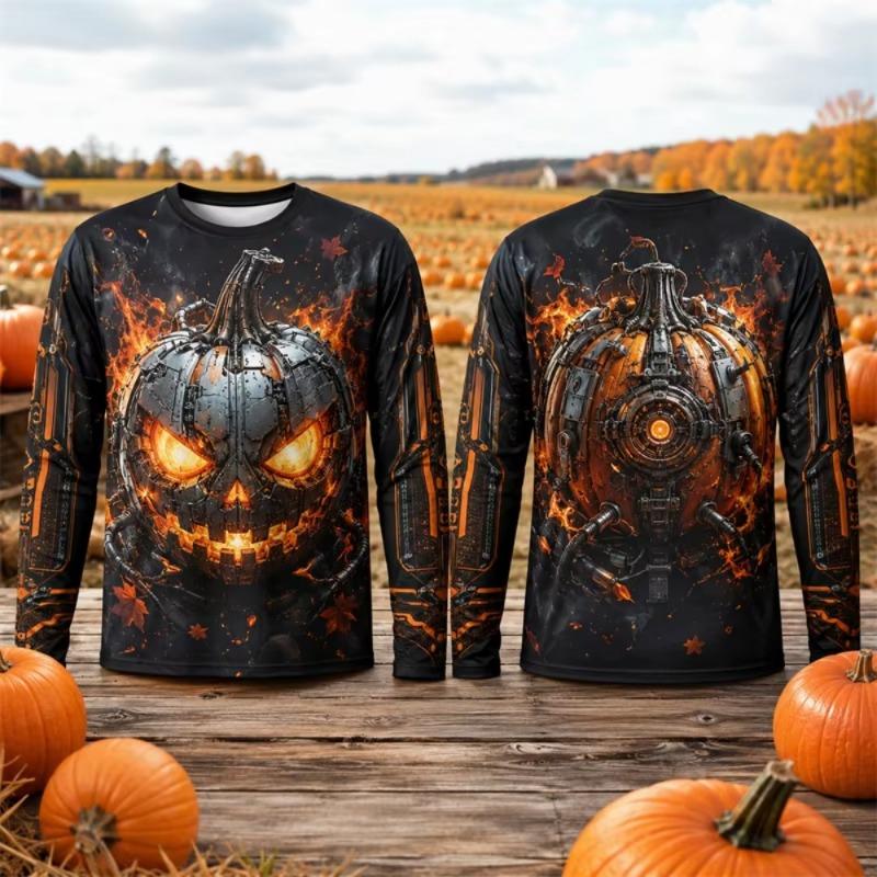 Halloween Long Sleeve T-Shirt Men Mechanical Cyber Jack O Lantern Pumpkin 3D Printed Casual Breathable Fashionable Quick-dry Top