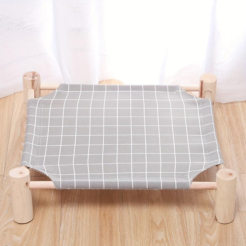 Elevated Wooden Cat Hammock Bed with Removable Gray Grid Fabric - Cooling, Washable Pet Lounger for Indoor/Outdoor Use, Ideal for Cats & Small Dogs