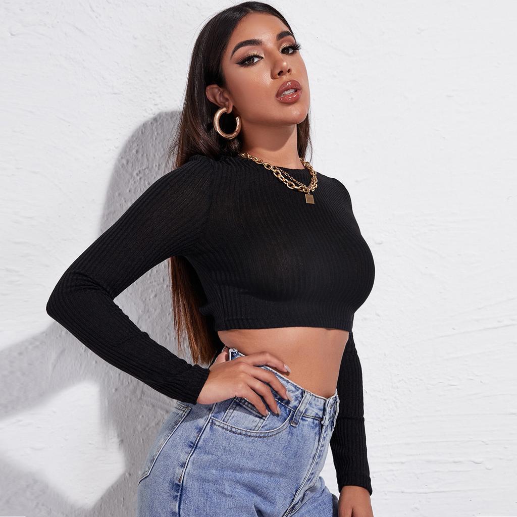 Spring and summer women's clothing, sexy off-the-navel long-sleeved slim-fit bottoming shirt, straps on the back, backless T-shirt top