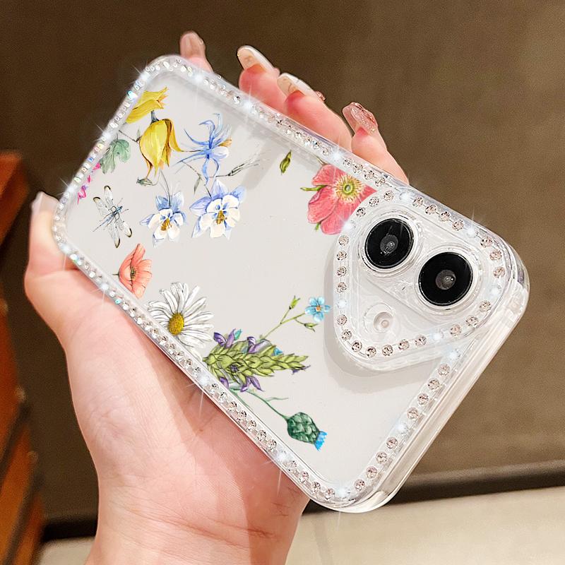 Luxury Floral Pattern Clear Shockproof Case For iPhone 16 Pro Max 16E 15 14 Pro 13 12 11 Diamond Frame Anti-Fall Soft Silicone Phone Cover