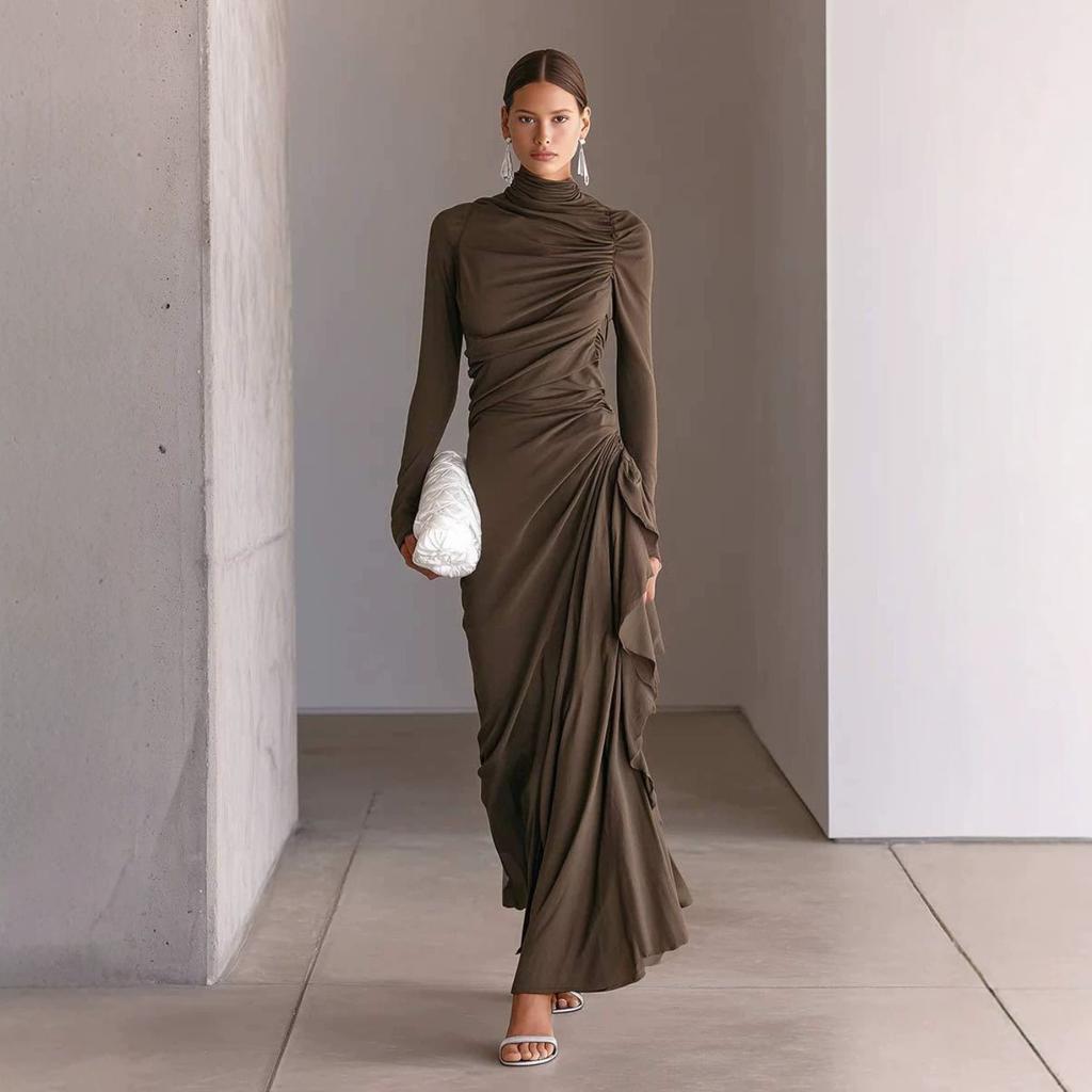 Women's High Neck Ruched Bodycon Dress, Long Sleeve Slim Fit Elegant Party Dress