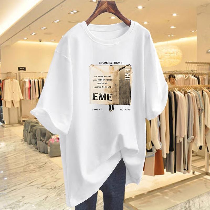 

Trendy brand short-sleeved women s T-shirt summer 2025 new medium and long over-the-hip lower clothes missing top large-size women s clothing S