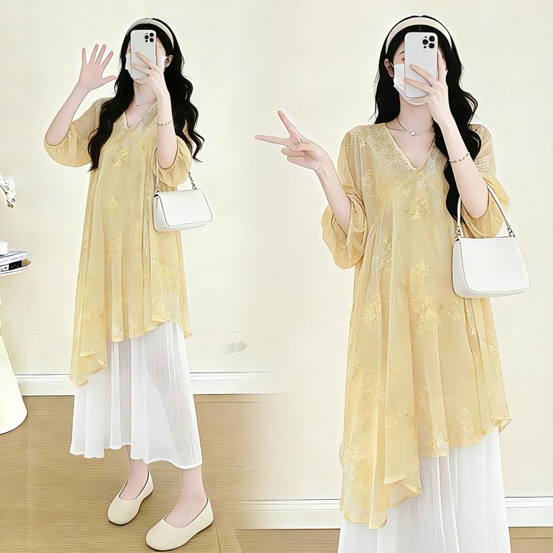 Elegant French 2026 Summer Maternity Dress Set: Stylish Two-Piece, Discreet and Chic for Expecting Mothers XL