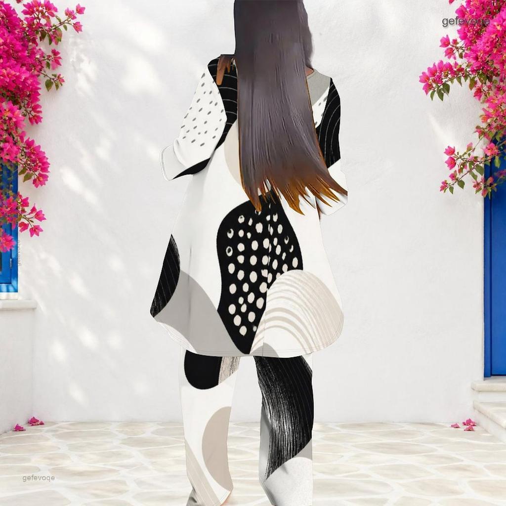 Women Plus Size Round Neck Long Sleeve Floral Printed Black White Loose Top And Long Pants Two Piece Set