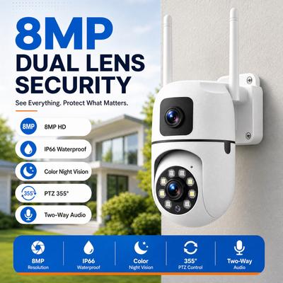 Dual Lens Camera HD 8MP WiFi Security Camera Outdoor Waterproof Two-way Intercom PTZ Mobile Tracking Night Vision