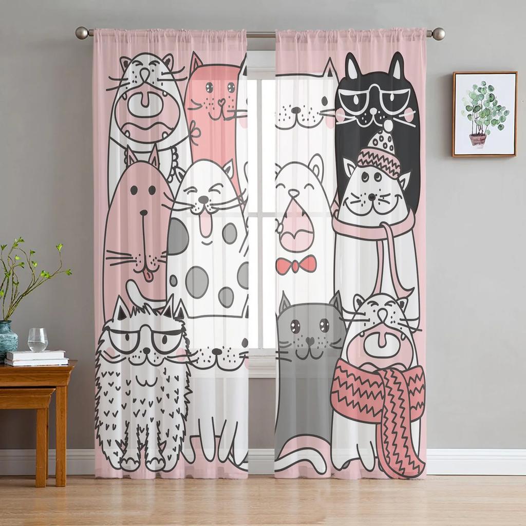 Modern Cartoon Cat Kitty Tulle Curtains Living Room Bedroom Kitchen Decoration Kawaii Animal Pet Chiffon Voile Curtain With Light Filtering Polyester