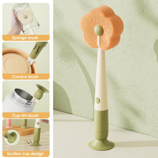 Cleaning Brush Soft Flower-shaped Sponge Head Long Handle Cup Brush Suction Base Bottles Water Cups Cleaning Scrubber