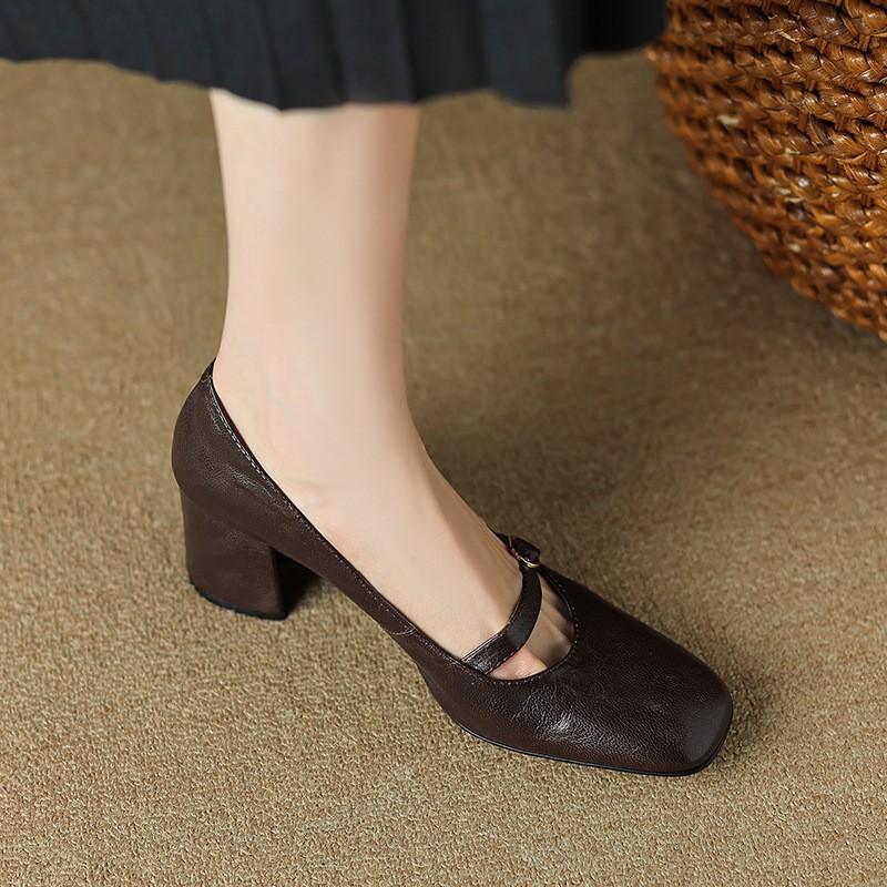 

Одиночная обувь 2025 весна и осень новая обувь Мэри Джейн ретро толстый каблук маленькие кожаные туфли женские с квадратным носком на высоком каблуке 39