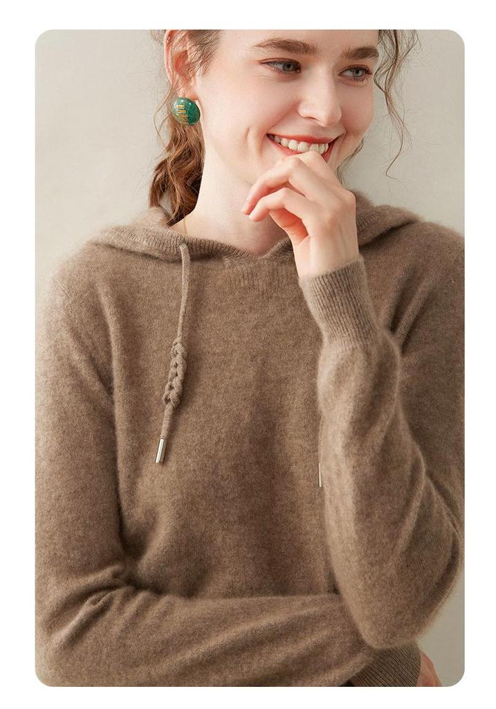 Women's Cashmere Hooded Sweater - Loose Fit, Korean Style, Ideal for Autumn and Winter.
