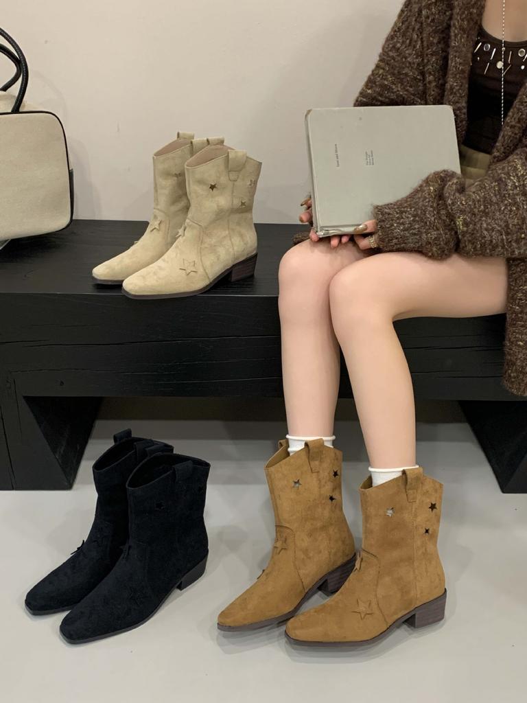 Anti-fur short boots hollow stars western cowboy boots 2025 autumn boots V-mouth thin thick-soled medium boots