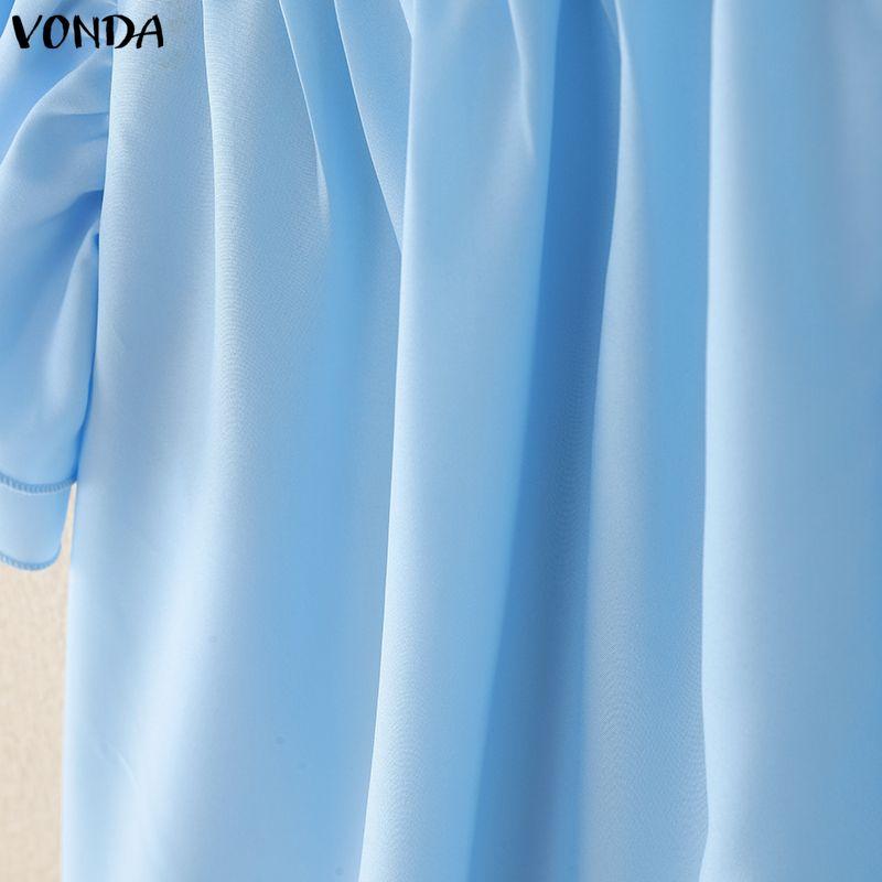 VONDA Women Summer Casual Round Neck Short Sleeve Ruffled Pleating Blouse