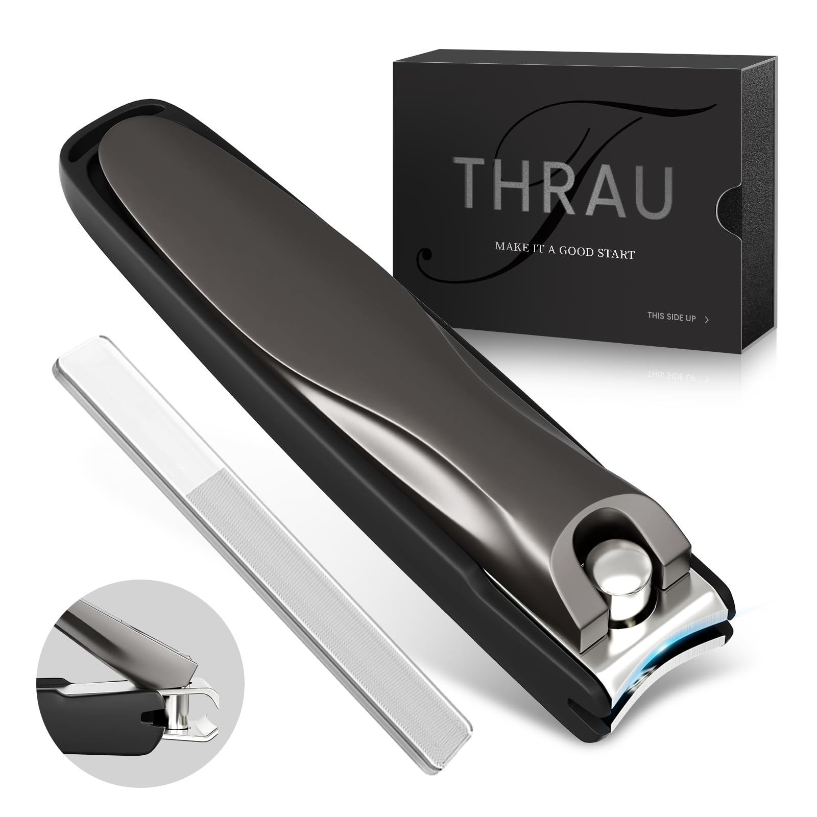 

THRAU Premium Нержавеющая сталь для рук и подходит для толстых ногтей, Легко, Отличный подарок для, Включает пилочку для ногтей и стеклянные кусачки против разбрызгивания, Сталь, Ноги, чёрный