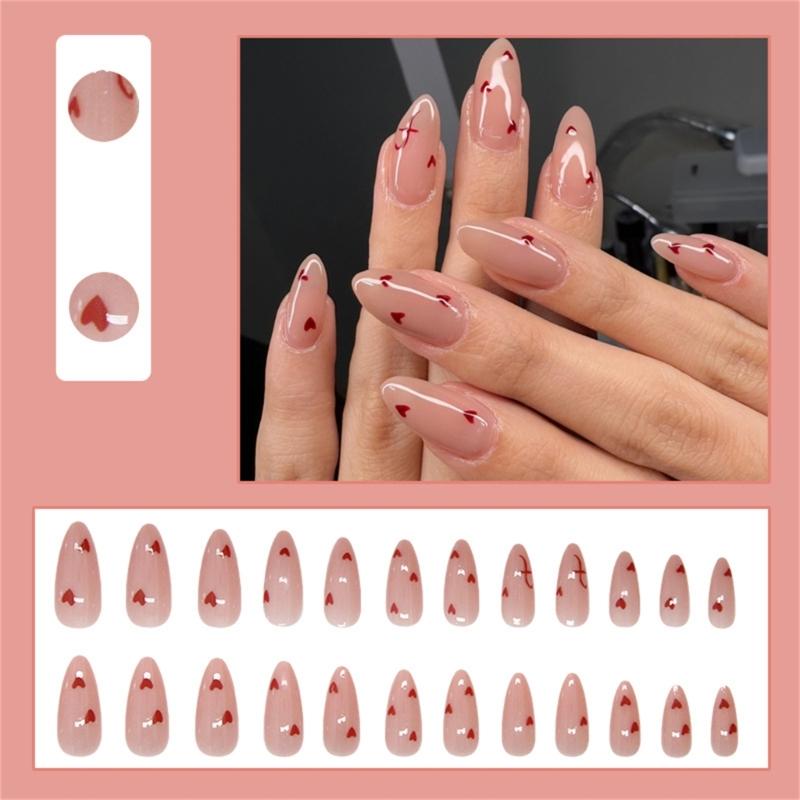 24 Pcs Valentines Day Press On Nail Glossy False Nail Heart Artificial Nail Almond Shape Full Cover Stick on Nail