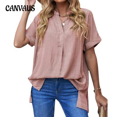 Summer Women's Shirt Plus Size Fashion Plaid Rolled Short Sleeve V-Neck Loose Shirt