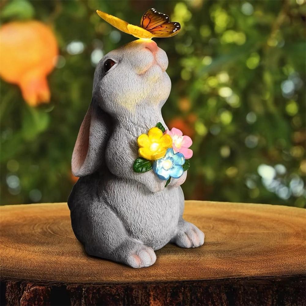 Solar Bunny Cat Statue Garden Decor LED Light Resin Animal Sculpture Figurine Outdoor Decoration for Courtyard