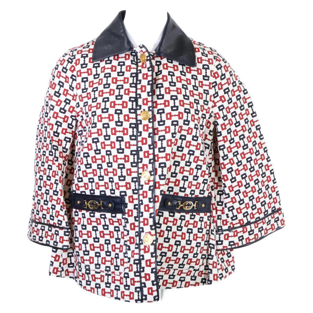 GUCCI [/Domestic regular] 609627 Horsebit print leather collar Jacket 36 White / Navy / RedUsed