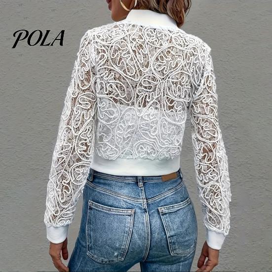 Lace Cutout Sleeves Jacket Women's Floral Jacket, Sexy See Through Long Lightweight Women Sleeve Crop Coat, Zip-Up Sheer Outerwear Spring for