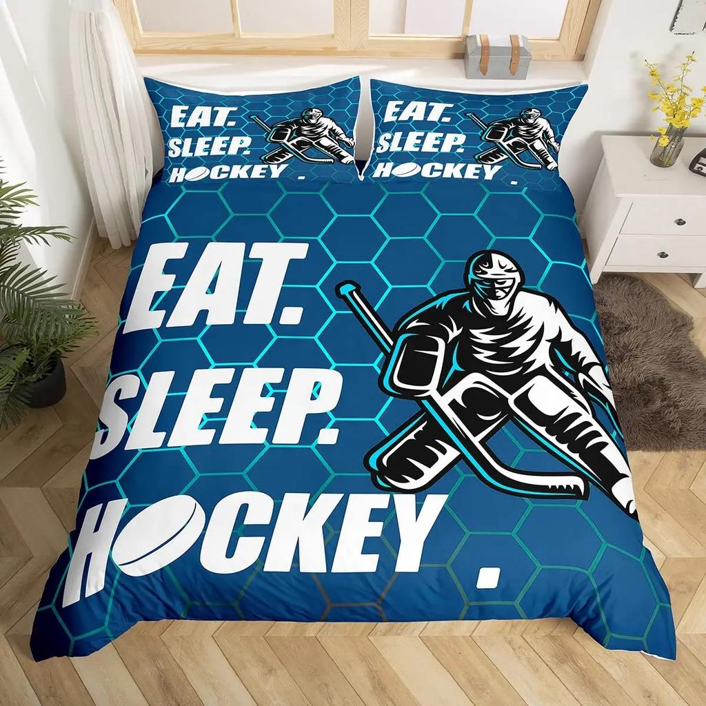 Hockey Duvet Cover Set 2/3pcs Hockey Sports Comforter Cover Polyester Hockey Puck Ball King Queen Size Quilt Cover For Boys