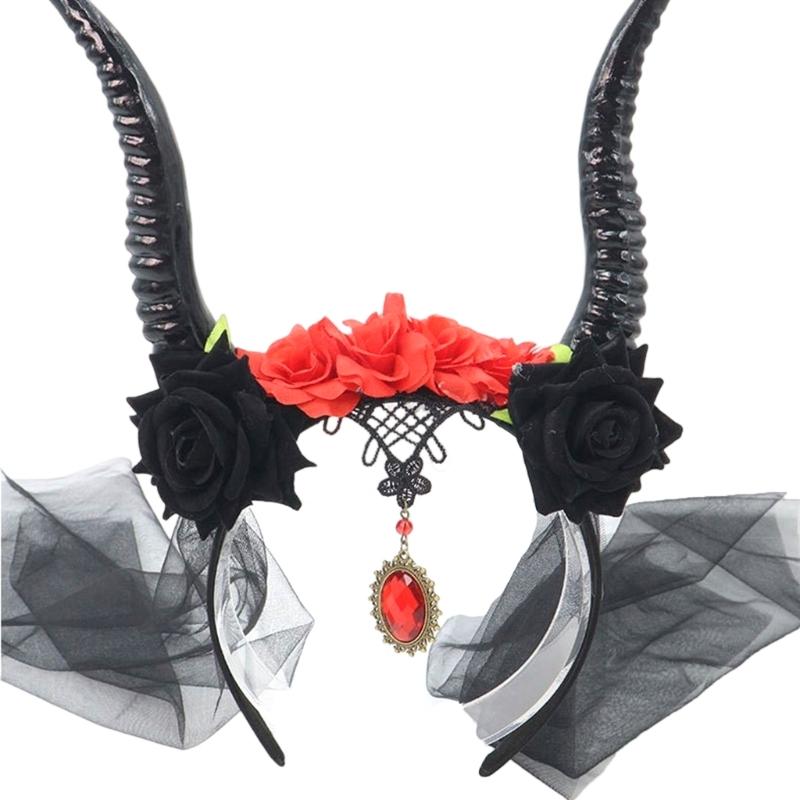 

Elegant Mesh Lace Resin Devil Horn Hairpiece Decorated With Roses For Gothic Themed Event Dark Fashion Accessories червоний