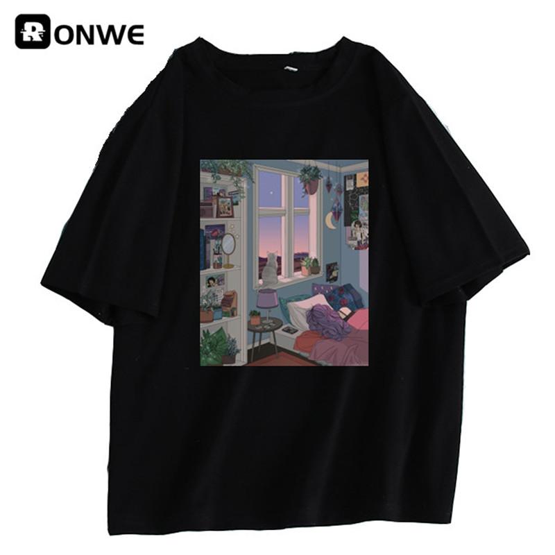 Women Aesthetic Room Drawing Black Graphic T Shirt Girl Harajuku 90S Clothes Female Top Tee Drop