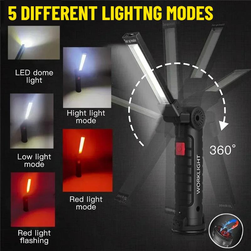 COB LED Portable Work Light Dimmable USB Rechargeable LED Flashlight Inspection Lamp With Magnetic Hook Power Bank 18650 Battery Torch