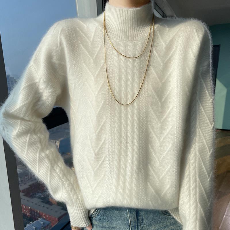 Women's 2024 Autumn/Winter High Neck 100% Pure Wool Cable Knit Sweater