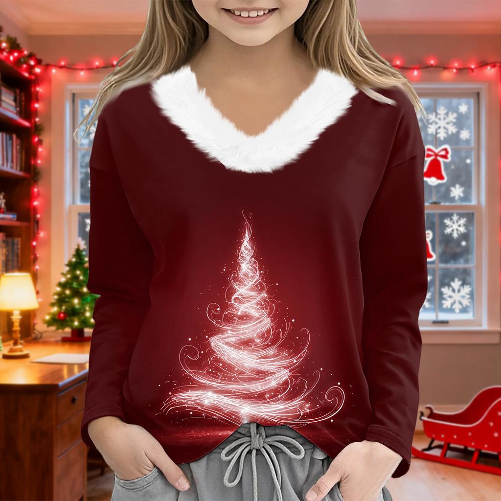 Christmas Day Girls Long Sleeve T Shirts Kids Girls' V-Neck Tee Christmas Print Long Sleeve Top