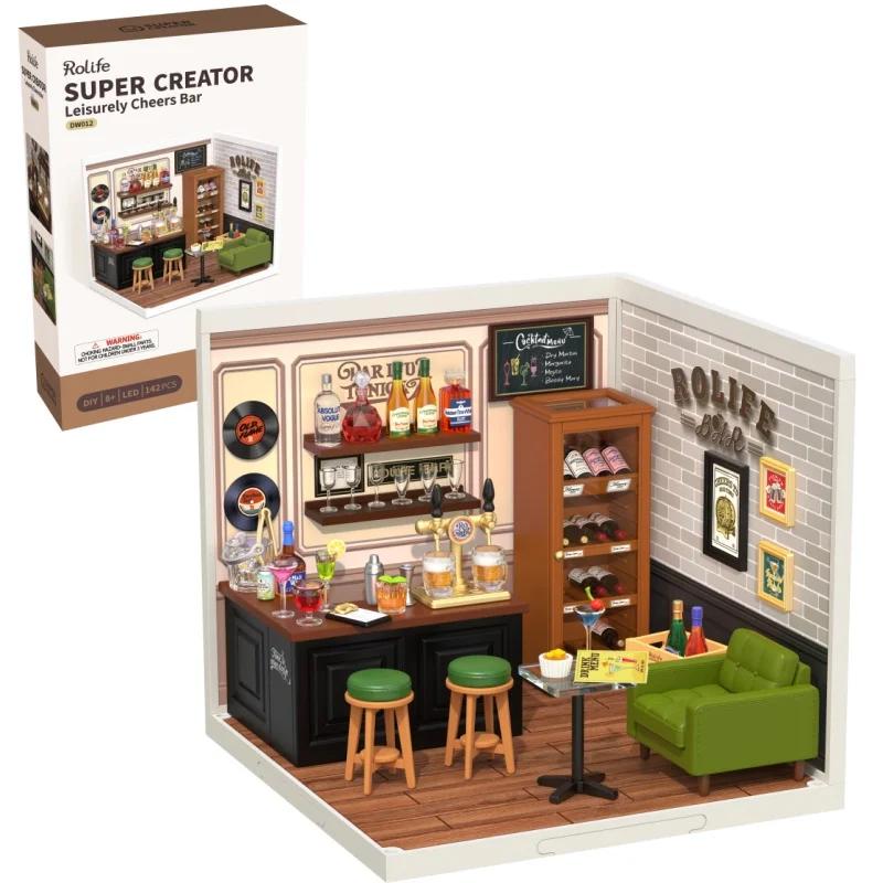 Robotime DIY Miniature House Kit Dollhouse Model Kit with LED Burger Shop And Leisurely Cheers Bar And Sweet Sips Tea