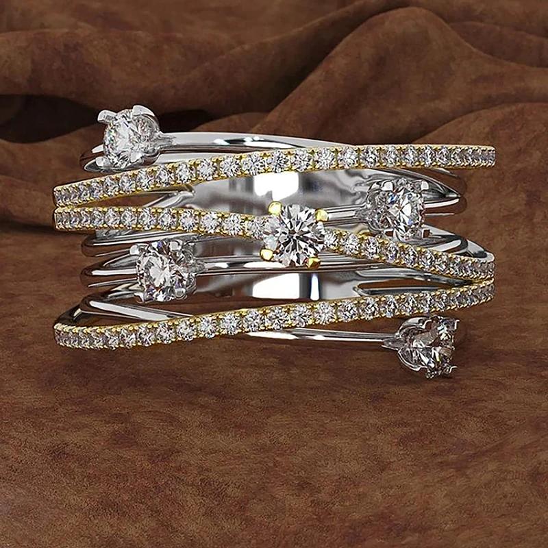 Huitan Lady Ring Gold Color/CopperColor Multi-layers Luxury Party Wedding Accessories Inlaid Sparkling CZ Daily Fashion Jewelry