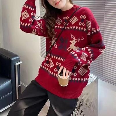 Red Autumn and Winter Knitted New Women's Clothing Deer Jacquard Knitted Sweater Crew Neck Pullover Color Matching Top