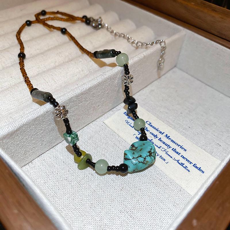 Titanium Steel Sun Necklace with Natural Stone Rice Beads - Retro Ethnic Clavicle Chain, Light Luxury Fashion Accessory