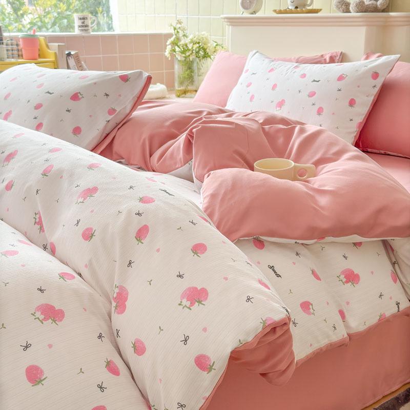 Class A Fresh Four-Piece Set: Washed Cotton Bed Sheet & Duvet Cover with Double Layer Gauze - Home Bedding Collection