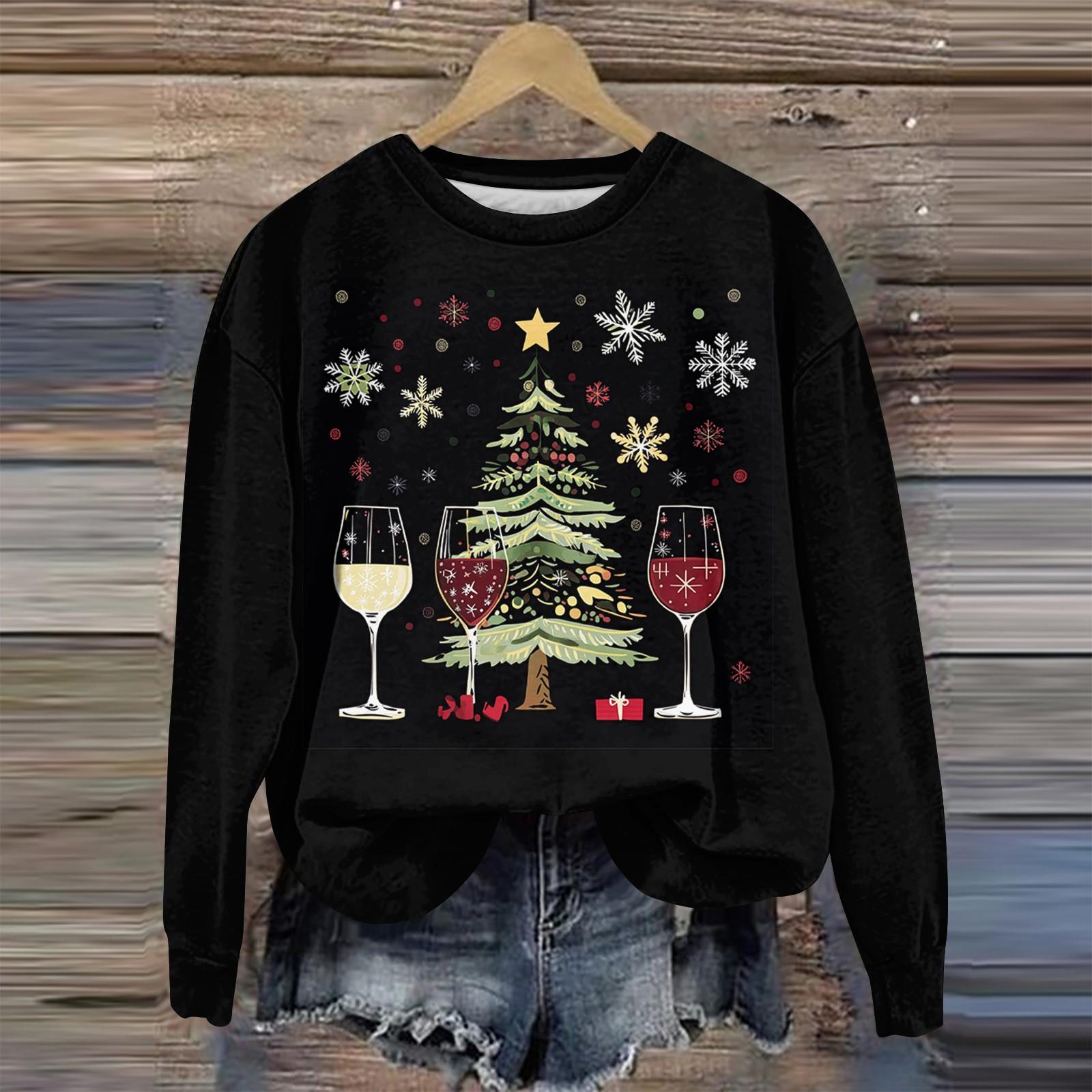 

Женская мода круглый вырез пуловер длинный рукав футболка рождественский принт топ S чёрный