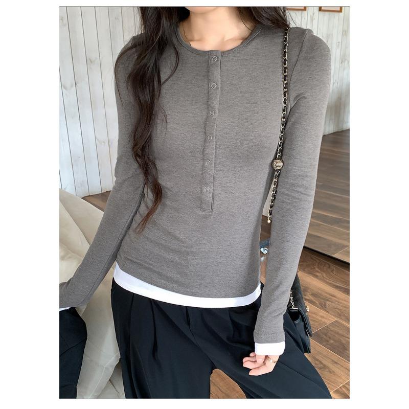 Women S Long Sleeve Fake Two Piece Henry Collar Slim Fit T Shirt