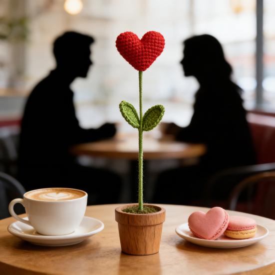 Virkat Hjärta Pinnar Handgjord Stickad Röd Hjärta Bukett med Gröna Blad Alla Hjärtans Dag Vasfyllning för Bordscenterpiece Heminredning