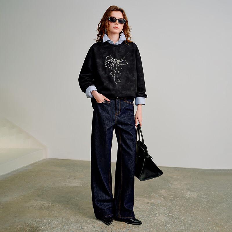 Women's Bowknot Rhinestone Cotton Blend Loose Sweatshirt