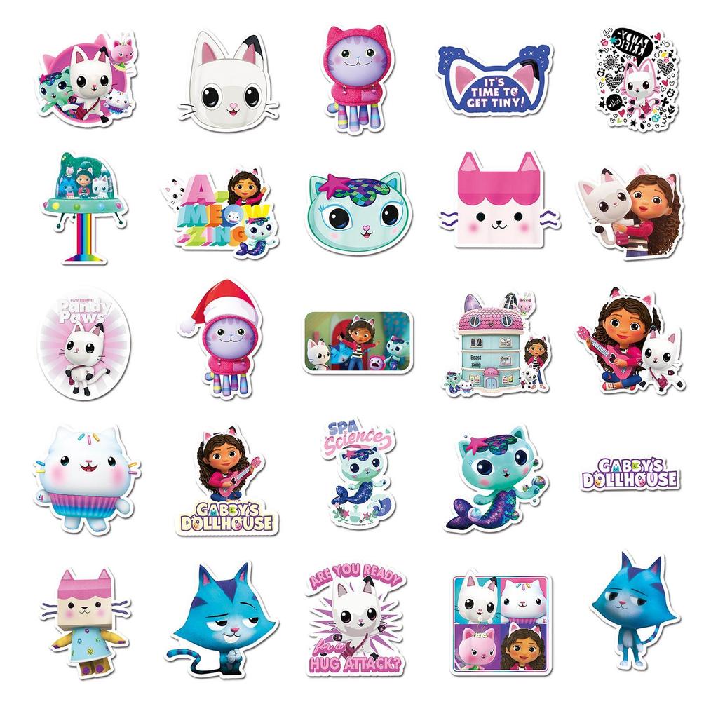 Gabby's Dollhouse Cartoon Stickers: 50 Waterproof Sheets for Suitcase, Scooter, Computer, and Tablet Decoration