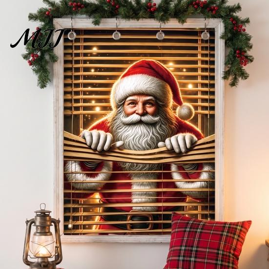 Durable Polyester Window Drapes Christmas Cover Banner with Santa Claus and Elk Patterns, Xmas Blackout Curtains for Peeking Ornament, Wall