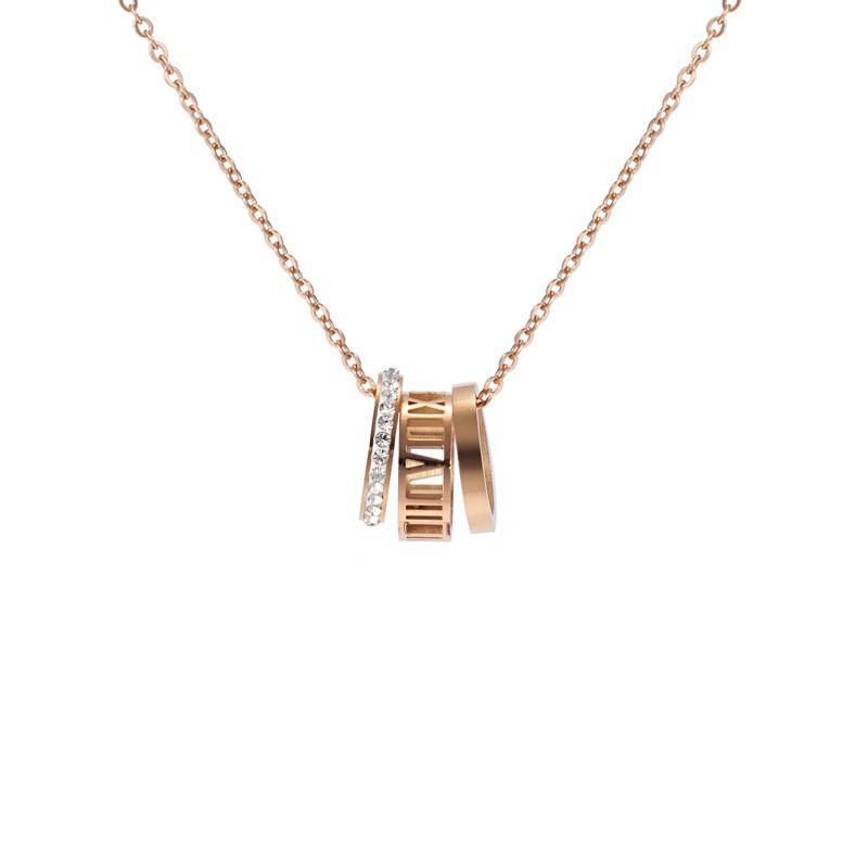 [Titanium Steel Rose Gold Roman Text Pendant Choker Necklace for Women Vintage Three Circle Design